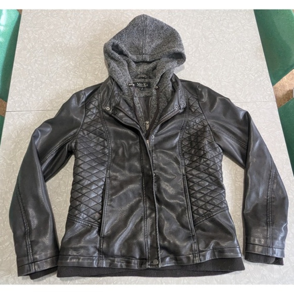 Mo Ka Faux Leather Jacket Quilted Hooded Motorcycle Moto Biker‎